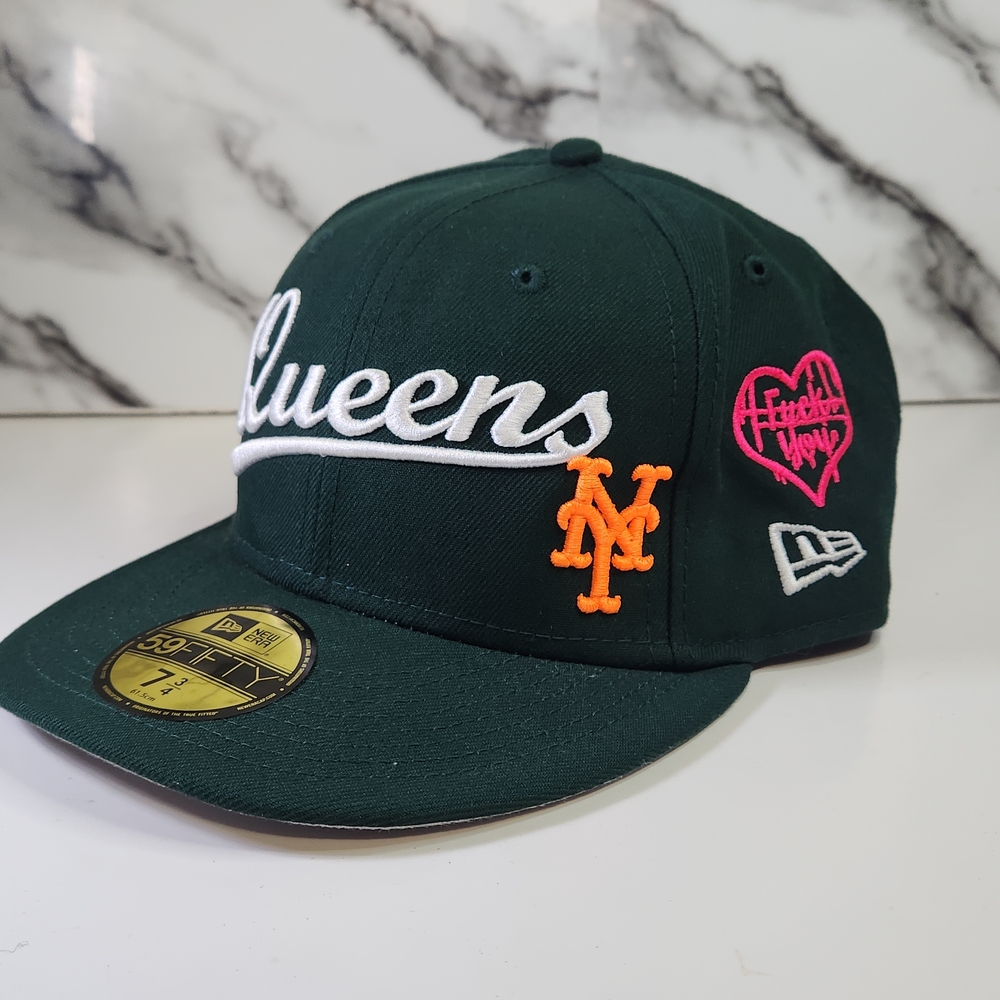 Queens New York New Era Dark Green Queens Cap with Embroidery Fitted Hat 7 3/4